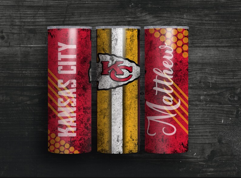 May include: Three red and gold stainless steel tumblers with a distressed look. The center tumbler features the Kansas City Chiefs logo. The tumbler on the left says "Kansas City" and the tumbler on the right says "Matthews".