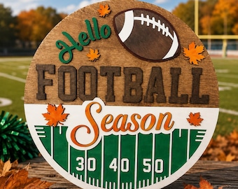 こんにちはフットボールシーズンサイン、秋のフットボールドアハンガーポーチデコレーション、秋のフットボールファン、テールゲートウェルカムサイン、秋のスポーツドアハンガー