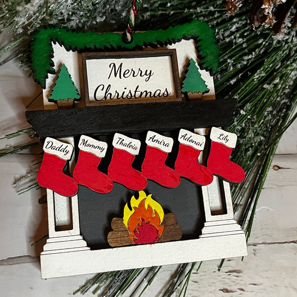 Christmas Fireplace Ornament, Fireplace Stocking Ornament, personalized Stockings, Family Name Ornament, Customizable Ornament, Mantle