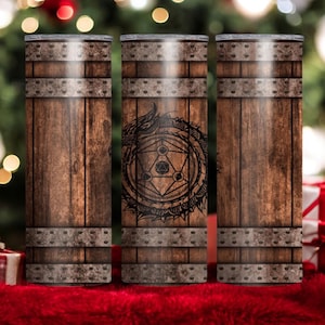 Mittelalterlicher Alchemie Becher | Rustikaler Holzfass Reisebecher | DND Geschenk für Ihn, Fantasy-Gamer-Becher, Edelstahl Thermobecher, 20 Unze