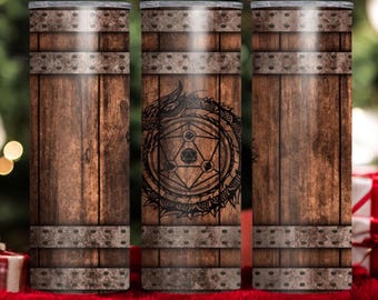 Vaso de alquimia medieval / Vaso de viaje de barril de madera rústica / Regalo DND para él, Taza de jugador de fantasía, Vaso térmico de acero inoxidable, 20 oz