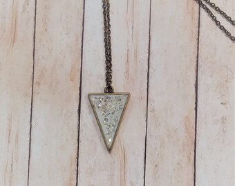 Handmade White Triangle Pendant with Gold and Silver Flakes