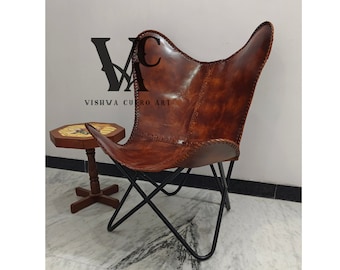 Leather Butterfly Chair, Brown Shaded Leather Cover, Folding Iron Stand, Living Room Chair, Interior Designer Chair