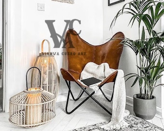 Leather Butterfly Chair, Black Folding Stand With Handmade Tan Leather Butterfly Cover Relaxing Chair, Home Decor , Designing Chair