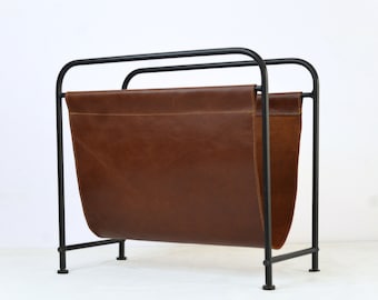 Leather Magazine Rack, Brown Buff Leather With Black Iron Stand, News Paper Holder, Vinyl Record Holder, Sofa Side Book Organizer Home Decor