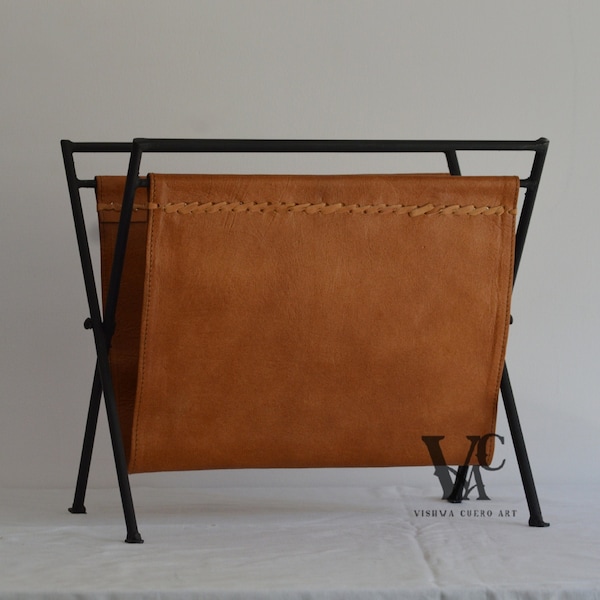 Folding Leather Magazine Rack, Brown leather Magazine And Paper Holder News Paper Holder, Metal Rack,