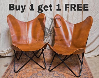 Buy 1 get 1 FREE Leather Butterfly Chair, Tan Leather Cover With Black Folding Stand, Home Decor furniture