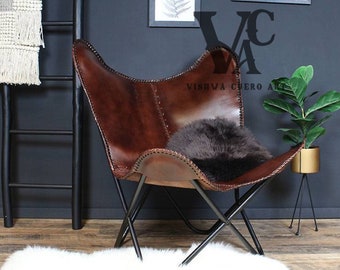 Leather Butterfly Chair, Handmade Brown shaded Living Room Chair Folding Chair Easy To Assemble Home Furniture