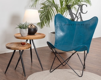 Leather Butterfly Chair, Unique Blue Leather Butterfly Chair, Living Room Chair, Replacement Blue Color Cover With Black Iron Folding Frame