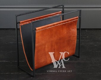 Leather Magazine Rack Tan and Black Frame, Leather Magazine Holder, Magazine and Paper Storage, Newspaper Holder, Home Decor Magazine Rack