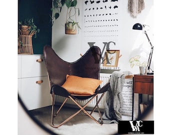 Leather Butterfly Chair, Vintage Handmade Brown Leather Butterfly Chair with Folding Golden Stand and Black Stand, Relaxing Chair