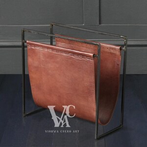 Leather Magazine Rack Tan and Black Frame, Leather Magazine Holder, Magazine and Paper Storage, Newspaper Holder, Home Decor Magazine Rack both side leather