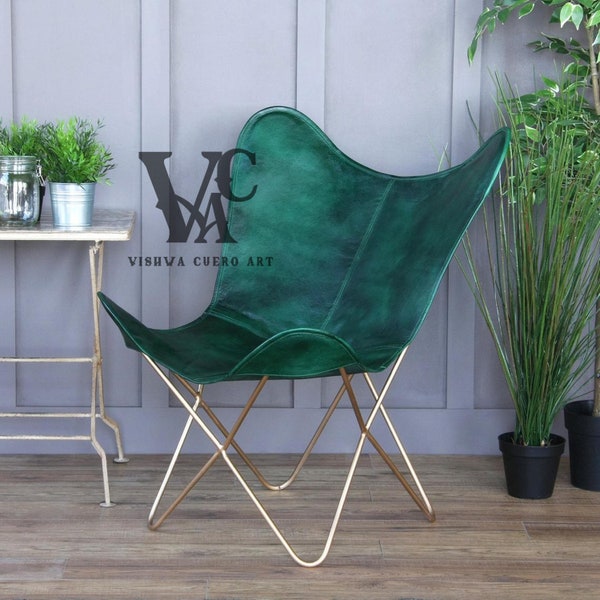 Leather Butterfly Chair , Best Green Leather Butterfly Chair, Green Leather Cover With Golden And Black Stand, Living Room Home Decor Chair