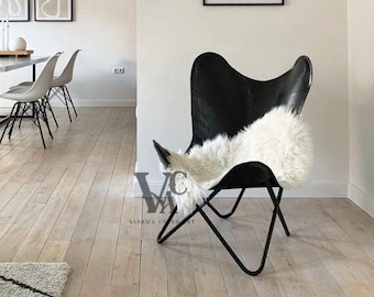 Silla mariposa de cuero, cubierta de mariposa negra con marco plegable negro, silla relajante de decoración del hogar