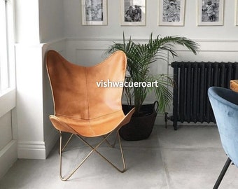 Leather Butterfly Chair, tan leather butterfly chair cover with golden folding stand home decor leather furniture lounge chair Christmas OFF