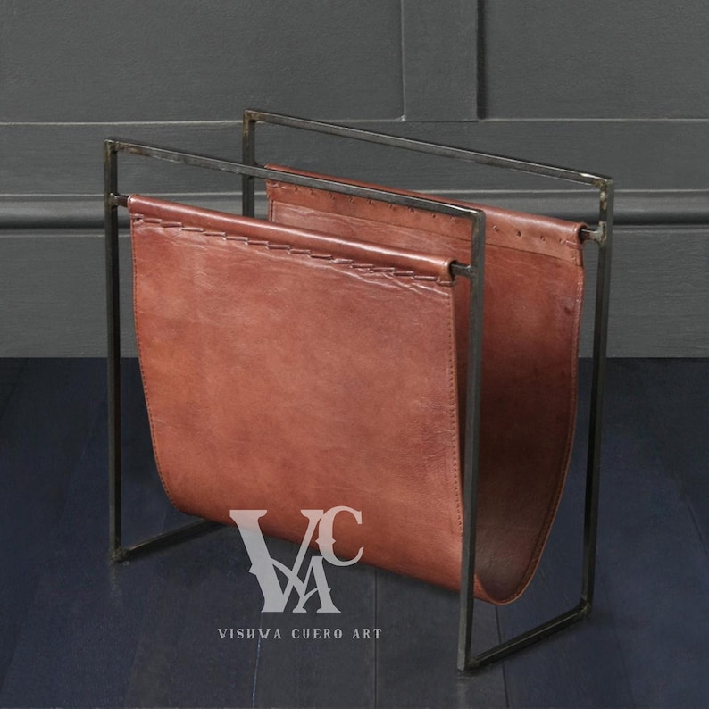 Leather Magazine Rack Tan and Black Frame, Leather Magazine Holder, Magazine and Paper Storage, Newspaper Holder, Home Decor Magazine Rack both side leather