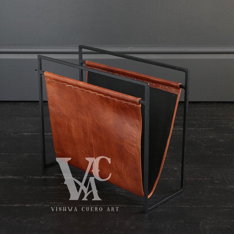 Leather Magazine Rack Tan and Black Frame, Leather Magazine Holder, Magazine and Paper Storage, Newspaper Holder, Home Decor Magazine Rack image 4