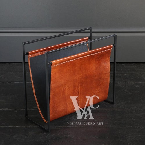 Leather Magazine Rack Tan and Black Frame, Leather Magazine Holder, Magazine and Paper Storage, Newspaper Holder, Home Decor Magazine Rack