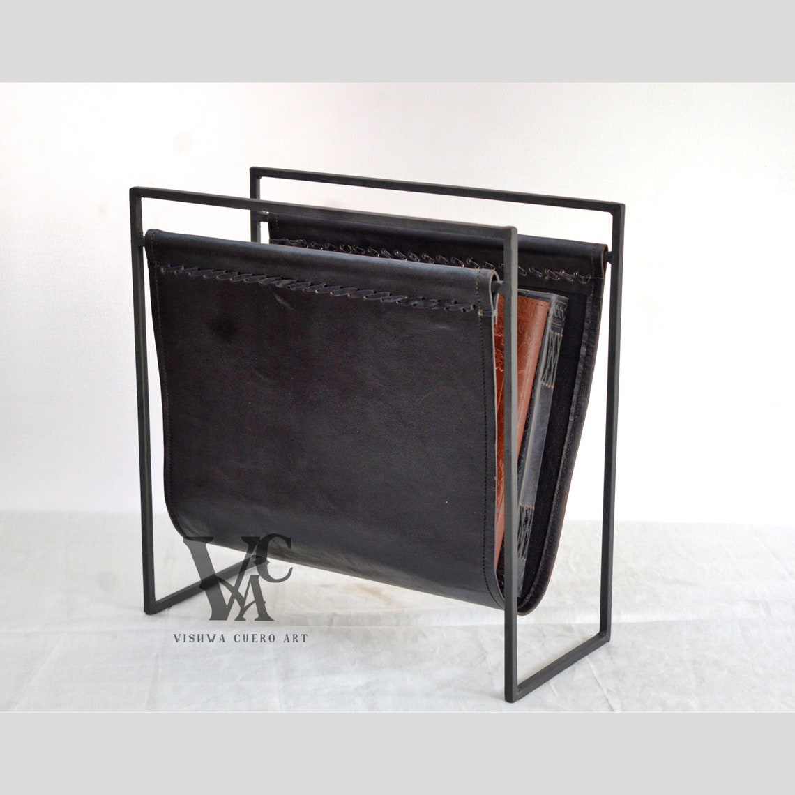 Leather Magazine Rack Black Leather and Black Frame Leather Etsy