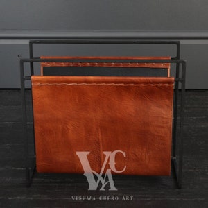 Leather Magazine Rack Tan and Black Frame, Leather Magazine Holder, Magazine and Paper Storage, Newspaper Holder, Home Decor Magazine Rack image 5