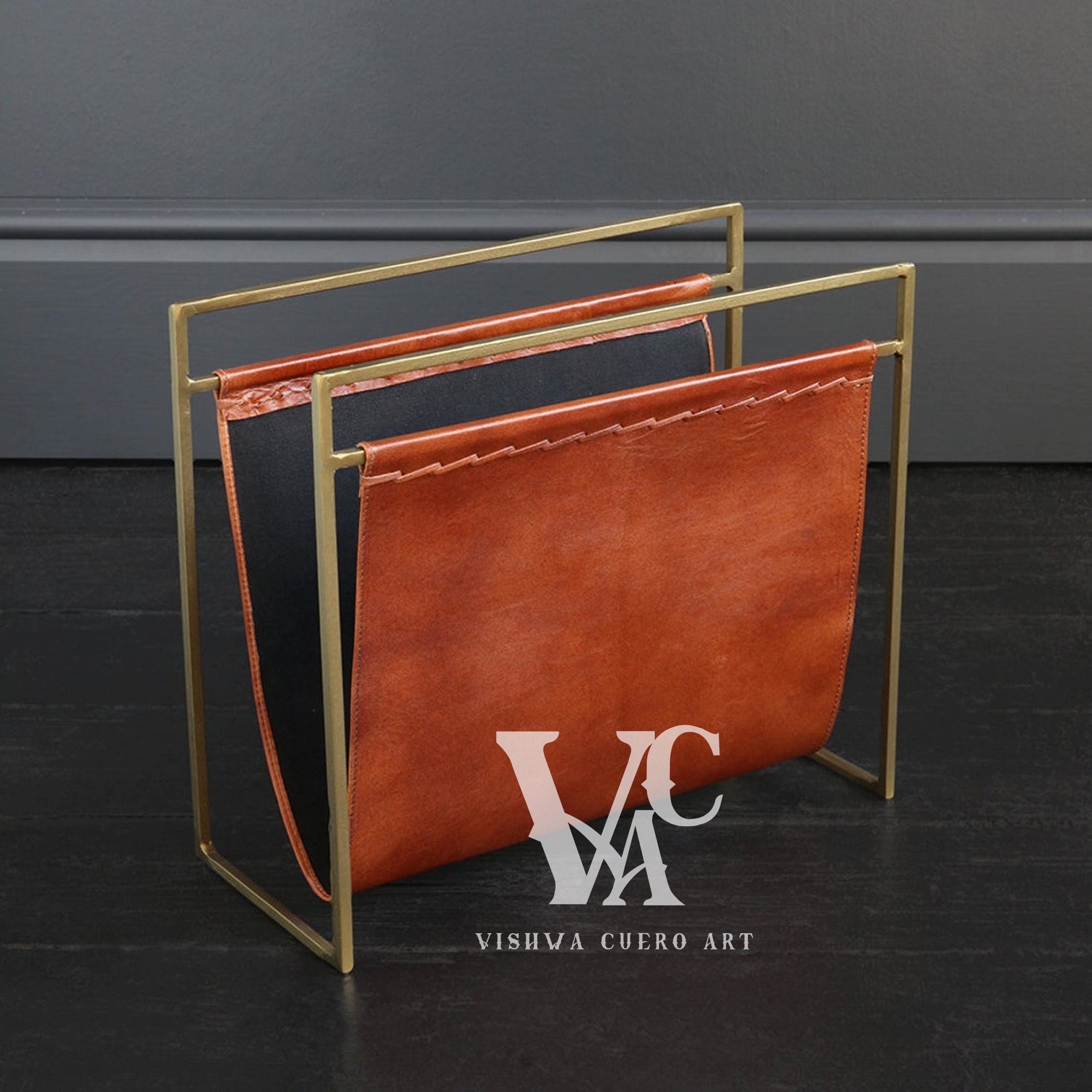 Leather Magazine Rack Holder Tan and Black Cover With Gold Etsy