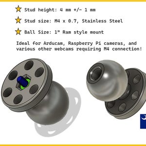 May include: Two stainless steel Ram style mounts with a 1-inch ball and a stud size of M4 x 0.7. The stud height is 4 mm. The text says "Made in South Carolina, USA".