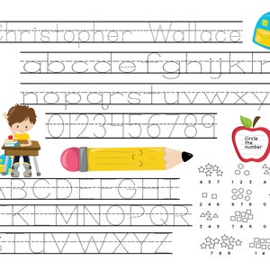 May include: A worksheet for kids to practice writing the alphabet, numbers, and their names. The worksheet features a cartoon boy sitting at a desk, a pencil, a backpack, and an apple. The text on the worksheet says "Christopher Wallace" and "Circle the number".