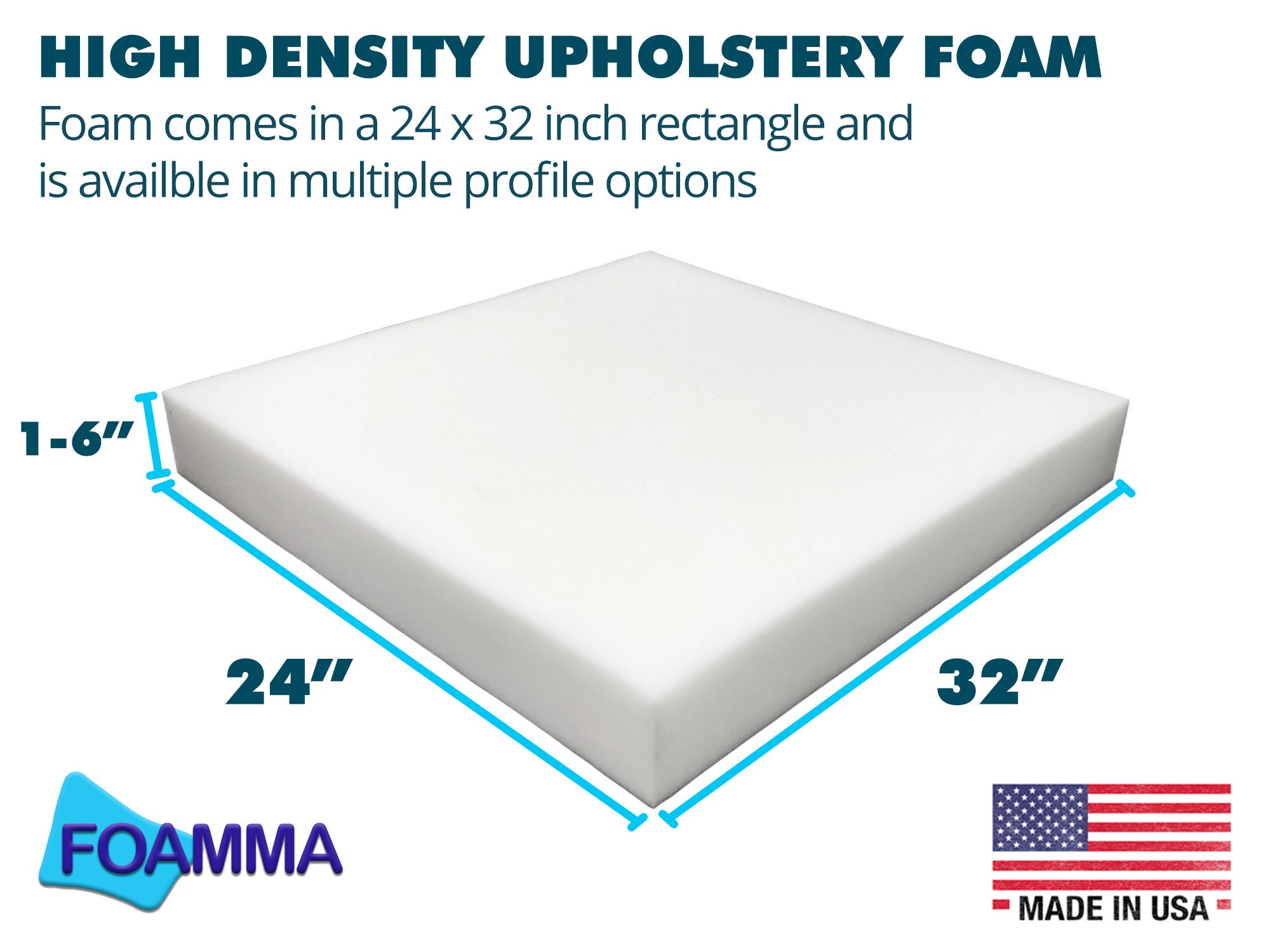 Foamy Foam High Density 2 inch Thick, 24 inch Wide, 72 inch Long Upholstery  Foam, Cushion Replacement