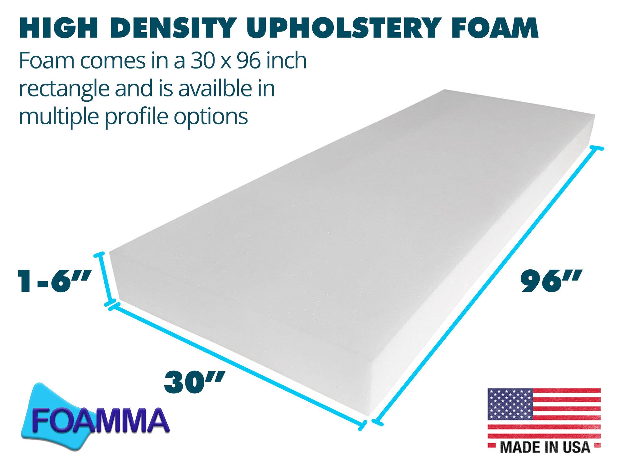 Foamy Foam High Density 6 inch Thick, 30 inch Wide, 96 inch Long Upholstery Foam, Cushion Replacement