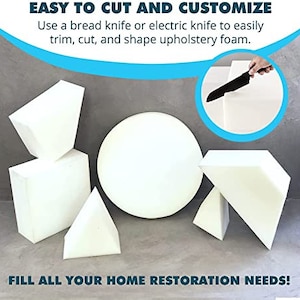 May include: White foam shapes of various sizes, including a circle, a square, a triangle, and a rectangle. The foam is easy to cut and customize with a knife, as shown in the image. The text "EASY TO CUT AND CUSTOMIZE" and "FILL ALL YOUR HOME RESTORATION NEEDS!" is visible in the image.