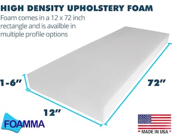 12" x 72" Upholstery Foam Cushion, High Density, Seat Replacement, Upholstery Sheet, Foam Padding, Made in USA!