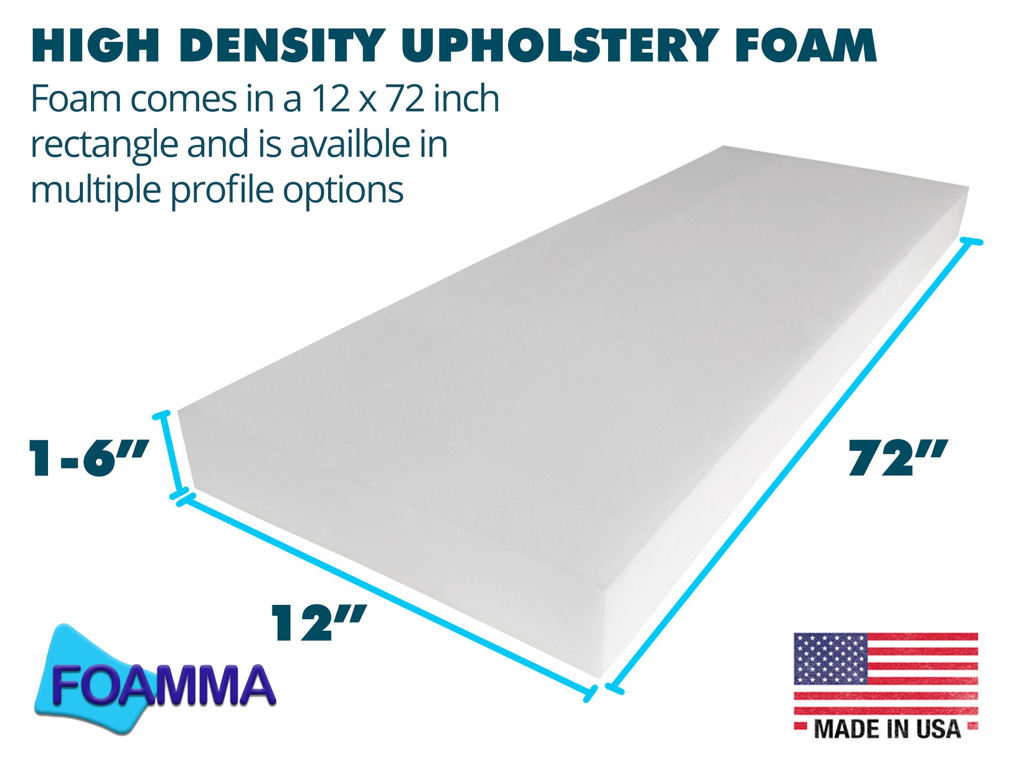 GoTo Foam Upholstery Cushion - 6"H X 24"W X 40"L, 44ILD Firm, Made In USA