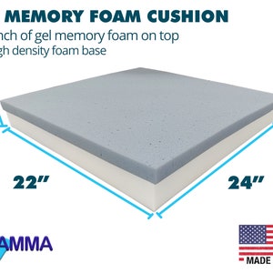 May include: A blue and white gel memory foam cushion with dimensions of 22 inches by 24 inches and a height of 2.75 inches. The cushion is made in the USA.