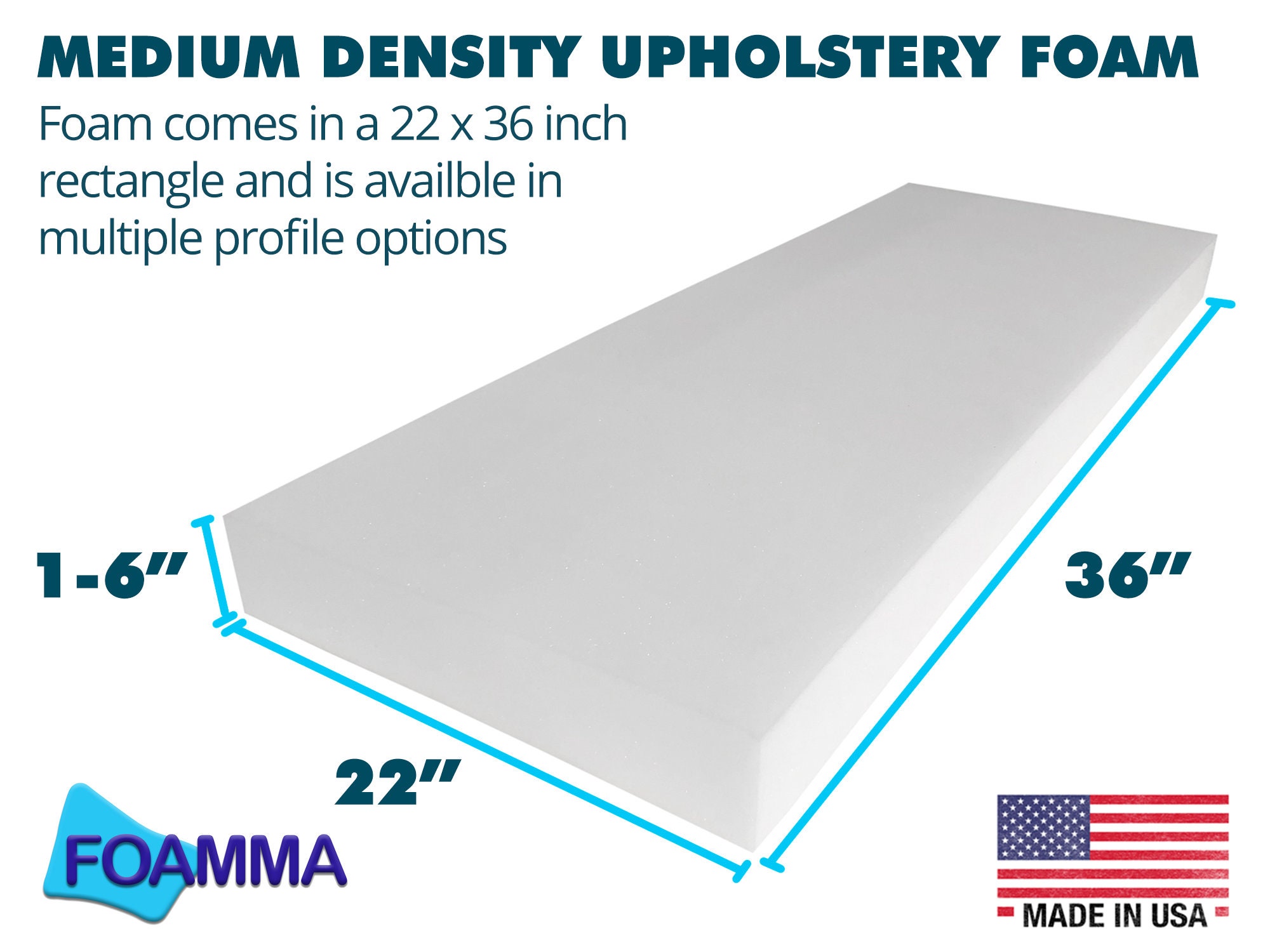 Foamma 2 x 22 x 22 High Density Upholstery Foam Padding, Thick-Custom Pillow, Chair, and Couch Cushion Replacement Foam, Craft Foam Upholstery