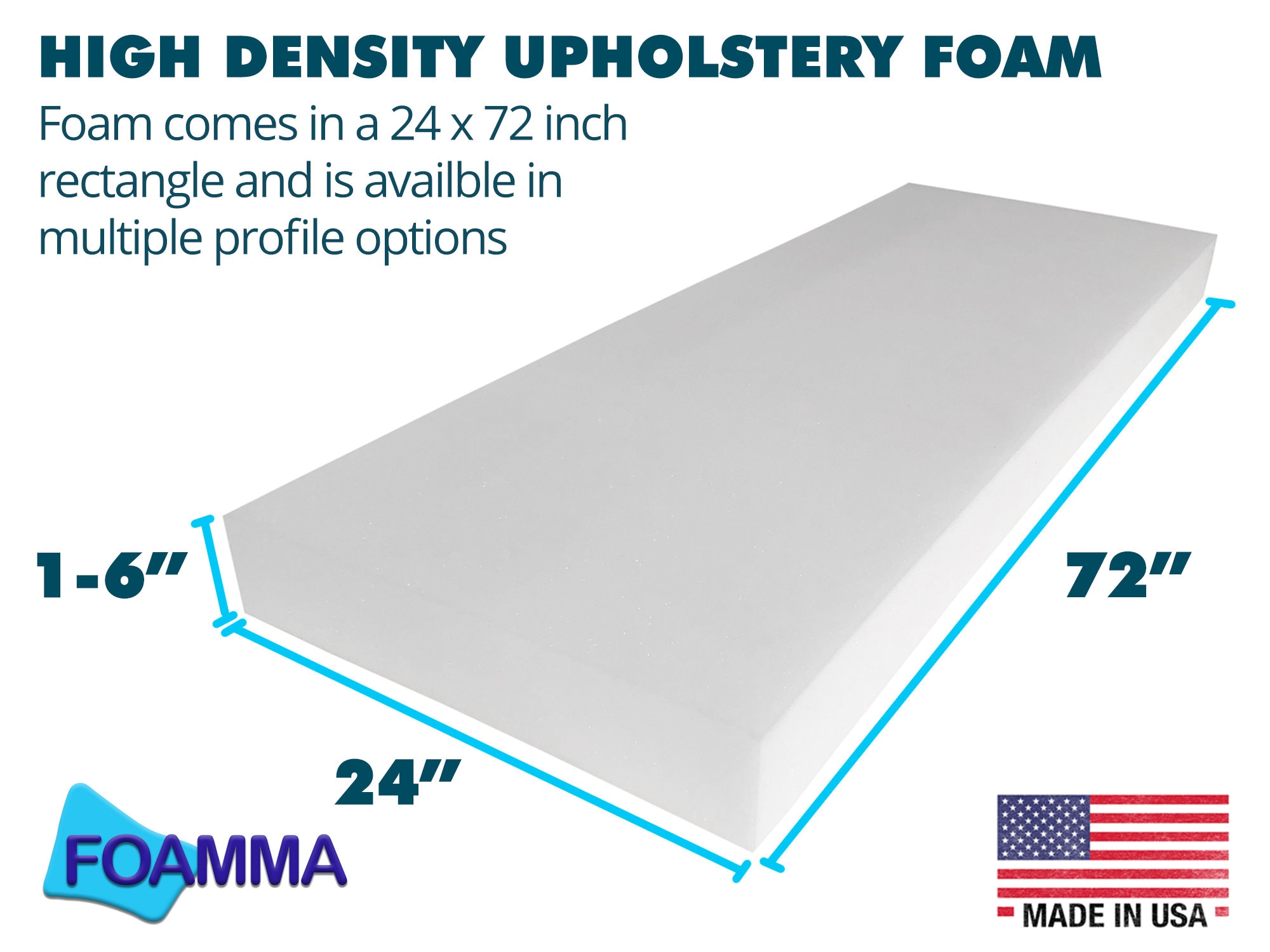 Foamma 6 x 24 x 24 High Density Upholstery Foam Padding, Thick-Custom Pillow, Chair, and Couch Cushion Replacement Foam, Craft Foam Upholstery