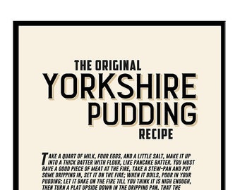 Puede incluir: Una tarjeta de receta vintage con un borde negro y un fondo beige. El texto dice "The Original Yorkshire Pudding Recipe". La receta está escrita en texto negro e incluye instrucciones para hacer pudín de Yorkshire. La receta está fechada en 1747 y atribuida a Hannah Glasse.