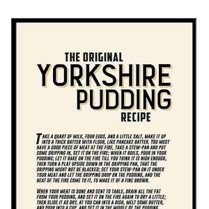 Op de afbeelding: Een vintage receptkaart met een zwarte rand en een beige achtergrond. De tekst luidt "The Original Yorkshire Pudding Recipe". Het recept is in zwarte tekst geschreven en bevat instructies voor het maken van Yorkshire pudding. Het recept is gedateerd 1747 en toegeschreven aan Hannah Glasse.