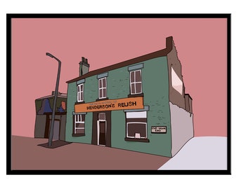Puede incluir: Una ilustración de dibujos animados de un edificio verde con un letrero que dice "Bienvenido a los visitantes de Henderson's Relish". El edificio tiene una ventana rota y un letrero que dice "Solo personal - Salida".
