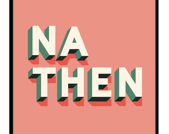 Puede incluir: Un fondo rosa con las palabras "NA THEN" en letras blancas con un contorno verde y un efecto de sombra.