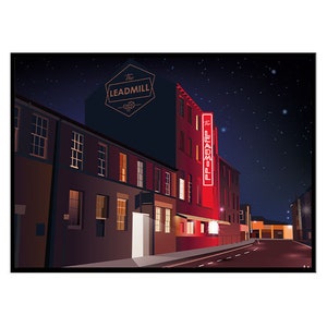 May include: Illustration of a city street at night with buildings and a starry sky. The building on the right has a neon sign that reads "The Leadmill". The building on the left has the text "The Leadmill" above the entrance.