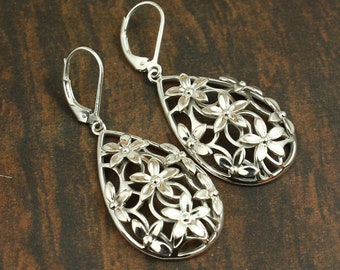 Flower Design Women's Sterling Silver Earring, Lever Back Earring, Plain Silver Earring, Dangle Earring, Handmade Earring, Gift Her Her