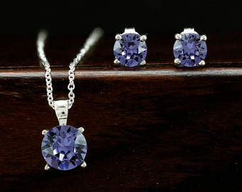 Tanzanite Pendant, Tanzanite Stud Earrings, Swarovski Necklace 925 Sterling Silver, Prong Earring Pendant, Tanzanite Necklace Jewelry Set