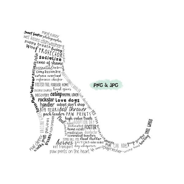 Dog rescue word cloud in the shape of a dog (words relating to dog rescue/adoption) PNG & JPG