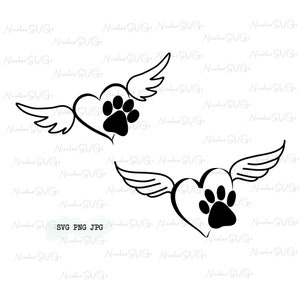 Puede incluir: Ilustración en blanco y negro de línea de arte de dos huellas de patas dentro de formas de corazón con alas. Los corazones están orientados en direcciones opuestas.