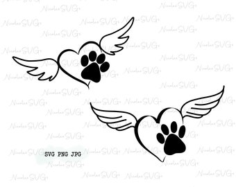 May include: Black and white line art illustration of two paw prints inside heart shapes with wings. The hearts are facing opposite directions.