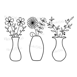 May include: Three black and white line drawings of vases with flowers. The vases are different shapes and the flowers are different styles.
