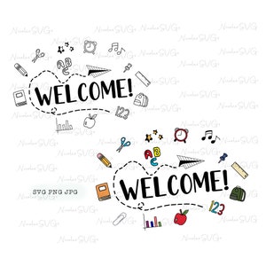 Welcome! (surrounded by school supplies) SVG PNG JPG bundle