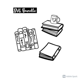 May include: Black and white line art illustration of a stack of books with a mug on top, a stack of books, and a single book. The text "SVG Bundle" is at the top of the image.