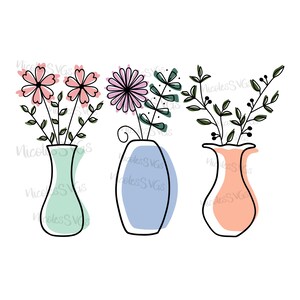 May include: Three vases with flowers. The vase on the left is light green, the middle vase is light blue, and the vase on the right is light orange. Each vase has a different type of flower.