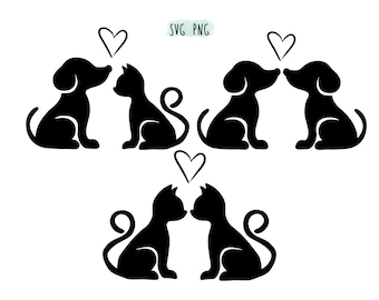 Puede incluir: Ilustraciones en silueta negra de un perro y un gato, con corazones encima, mostrando a los animales besándose. La imagen de abajo muestra dos gatos besándose con un corazón encima.